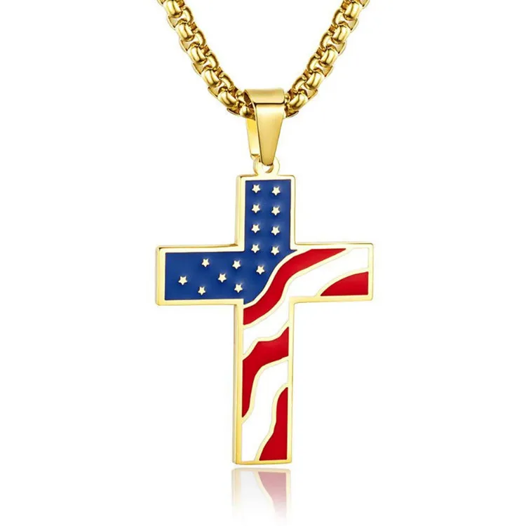 High Quality Stainless Steel PVD Gold Plating Enamel Custom American Country Flag Necklace
