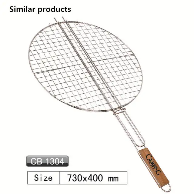 Multi functional outdoor cooking stainless steel wire mesh with wood handle bbq grill net basket