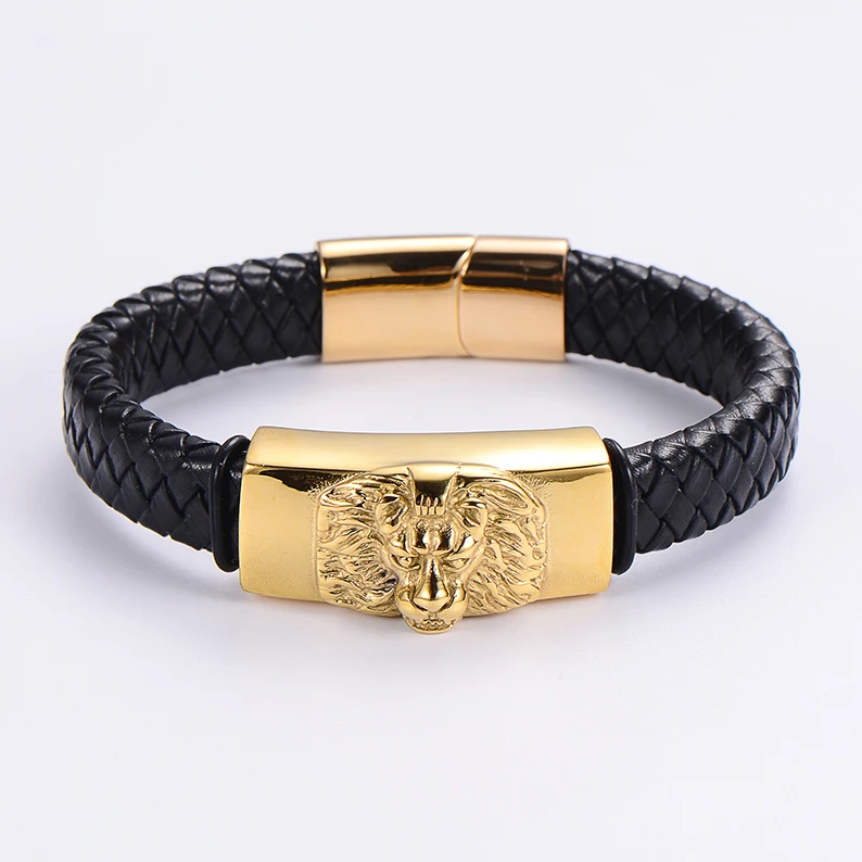 New Trendy Braided Cuff Wristband Stainless Steel Owl Snake Mens Braided Bracelet Magnetic Clasp Leather