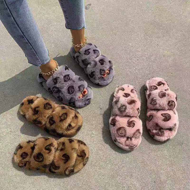 designer winter luxury home slippers fluffy flat plush ladies warm slides flip-flops slippers