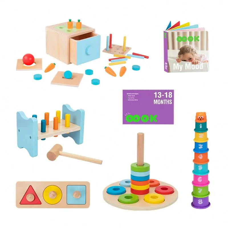 Montessori 3 in 1 wooden toy set shape puzzle Stacking toy building blocks tower 13-18 month hammer beating toys Educational Box