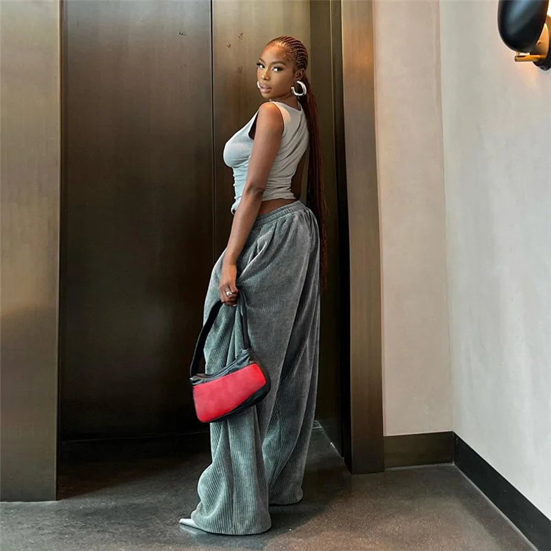 2023 Fashionable Streetwear High Waist Straight Women Pants Casual With Pocket Stretchable Loose Wide Leg Pants Women