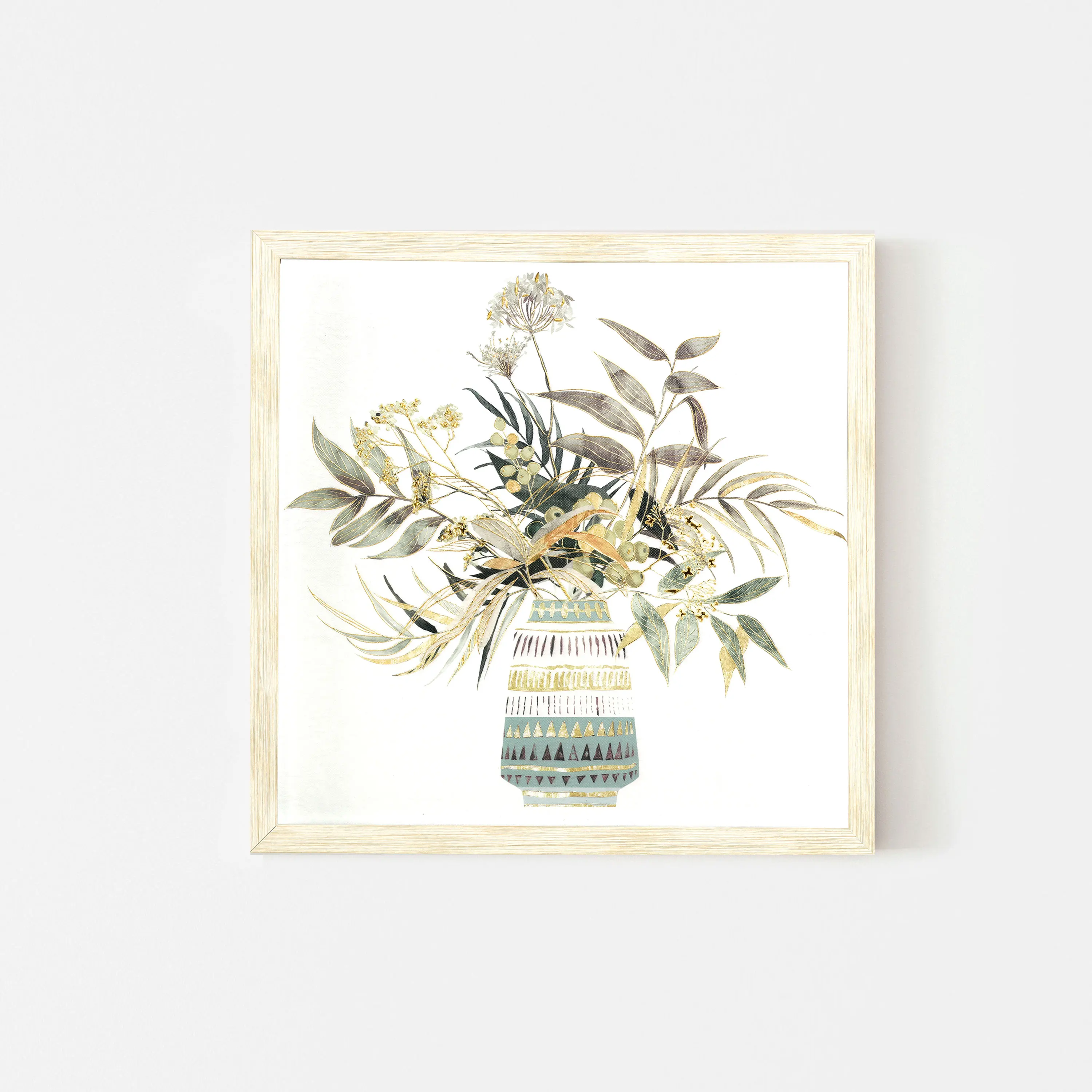 Custom 43*43 cm Framed 3D Printed Vase Flower Still Life Canvas Prints Wall Art With Gold Lines