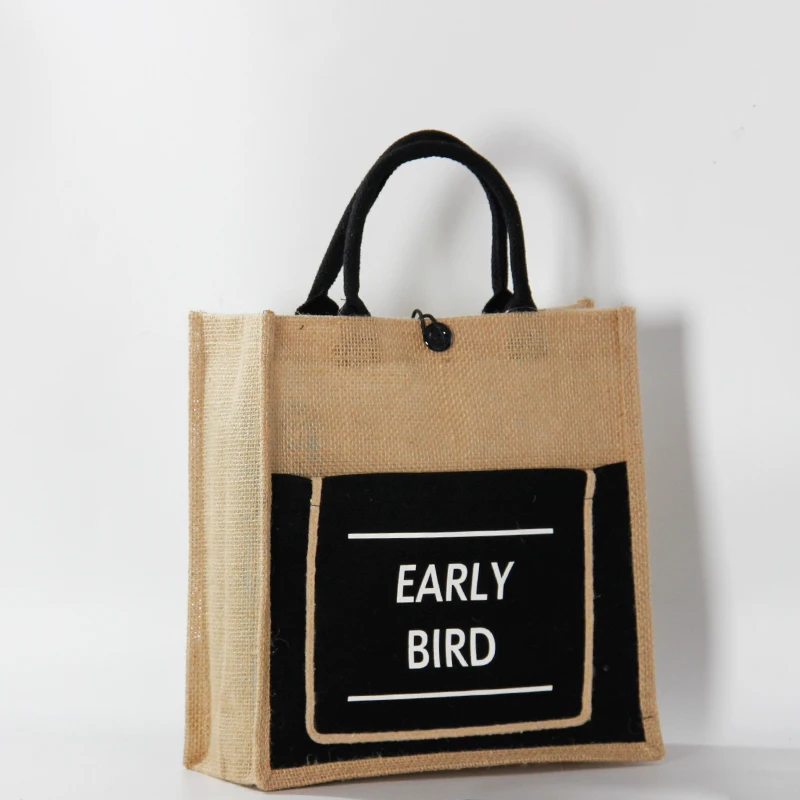 New Wholesale High Quality Recycled Christmas Custom Black Jute Tote Bag Foldable Jute Shopping Bag