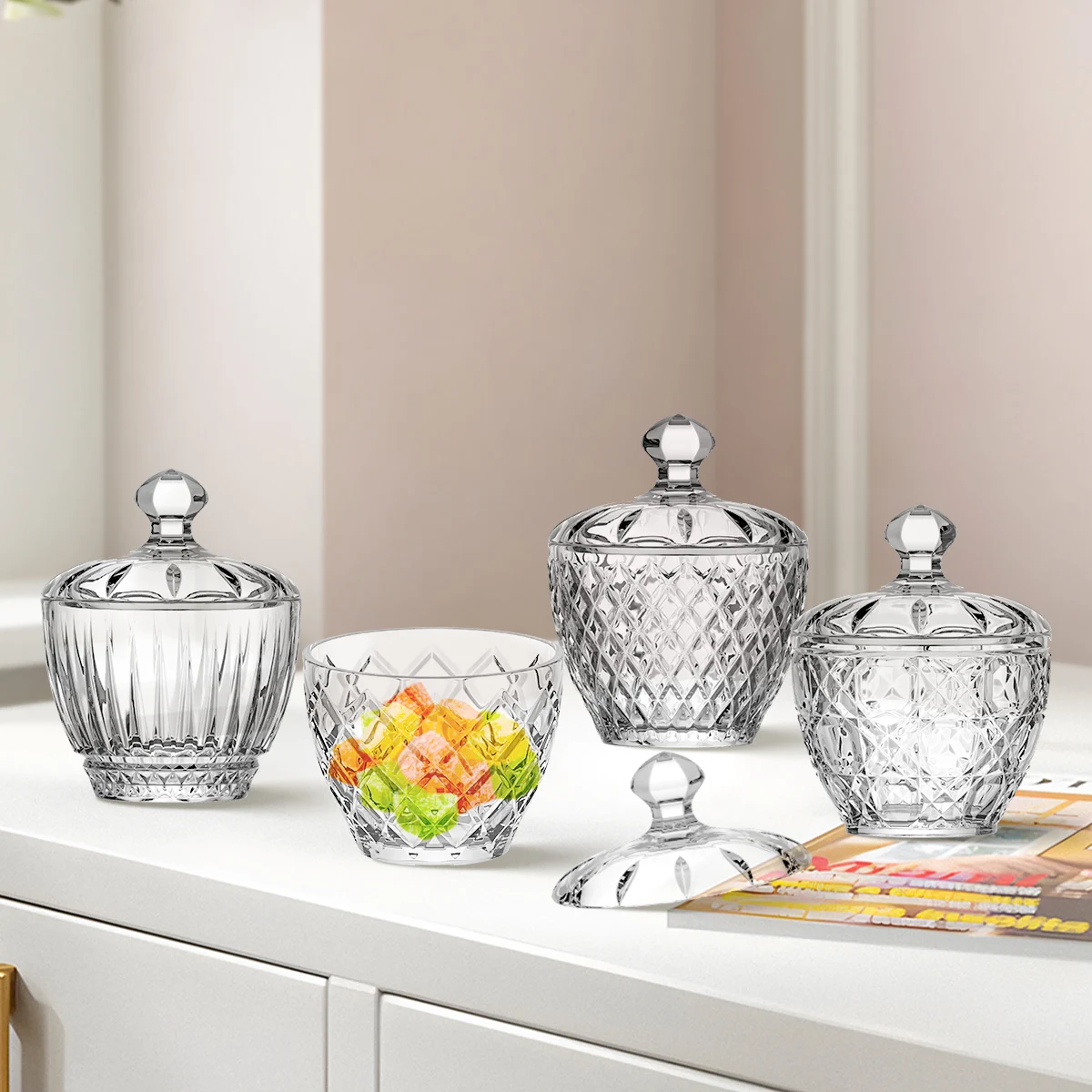 Stock clear engraved glass candy jar 3 layers stackable decorative glass food container with lid glass sugar bowl for cork nut