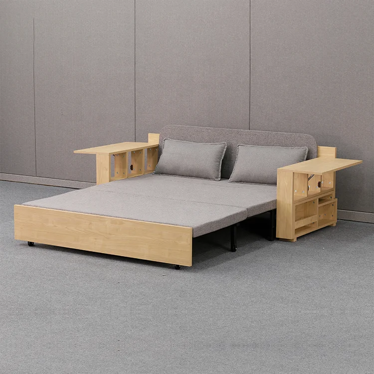 Modern design style solid wood living room furniture with fabric cover expandable wood sofa bed with drawer