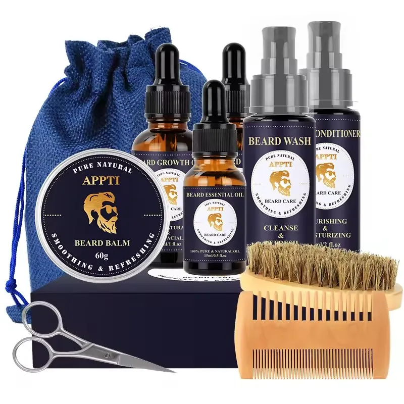 Private Label APPTI Natural Men Beard Care Product Grooming Care Kit Beard Care Growth Serum oil Brush Balm Set Beard Growth Kit