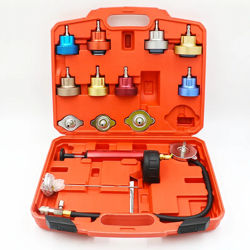 14-Piece Aluminum Alloy Water Tank Leak Detector Tool with Pressure Gauge Car Maintenance Tool in Hard Case Packaging