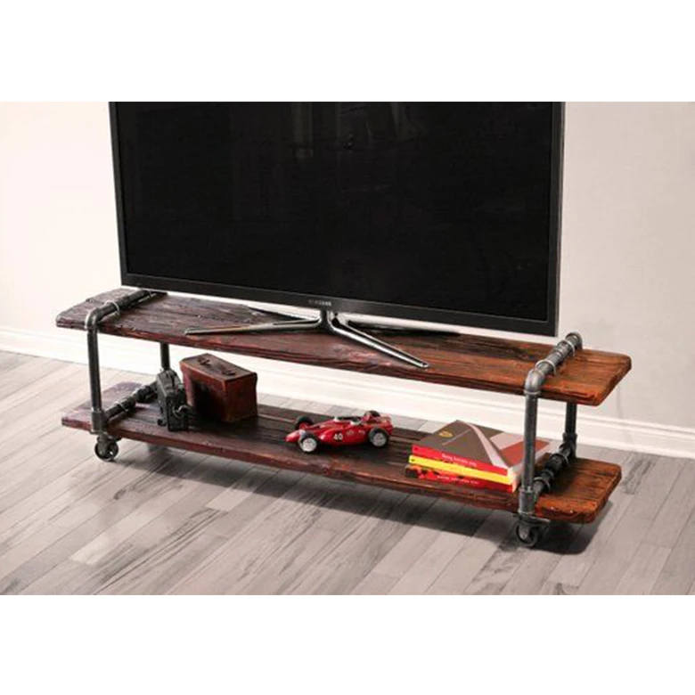 Vintage Industrial Cast Iron Pipe Table 2-Tier TV Stand Living Room