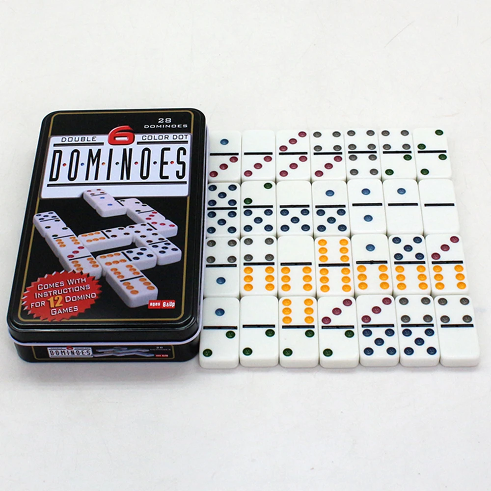 Double 6 Dominoes Set with Colored Dots 28 Piece Set White Dominoes with Tin Case