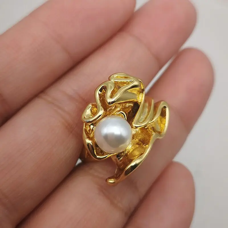 Brass 18K Gold Plated Imitation Pearl Folded Irregular Rings for Women