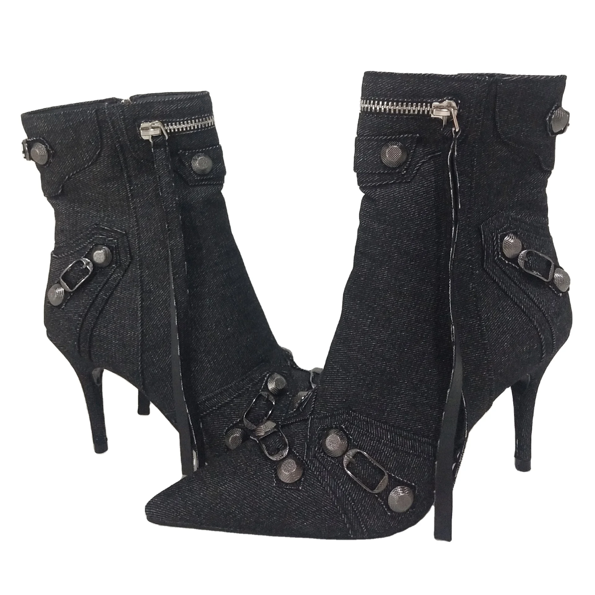 Factory Custom Luxury Womens Chic Rivets and Buckles Studded Punk Zipper High Heeled Denim Ankle Boots