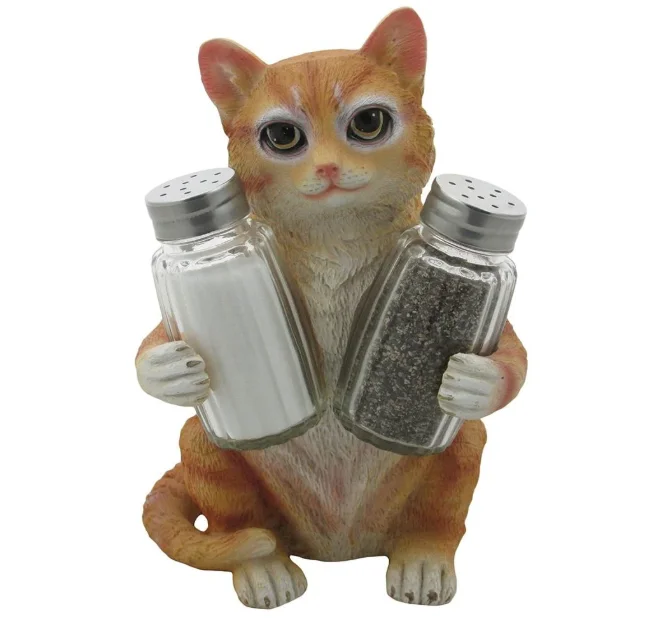 Funny Cat Glass Salt & Pepper Shaker Set with Holder Figurine