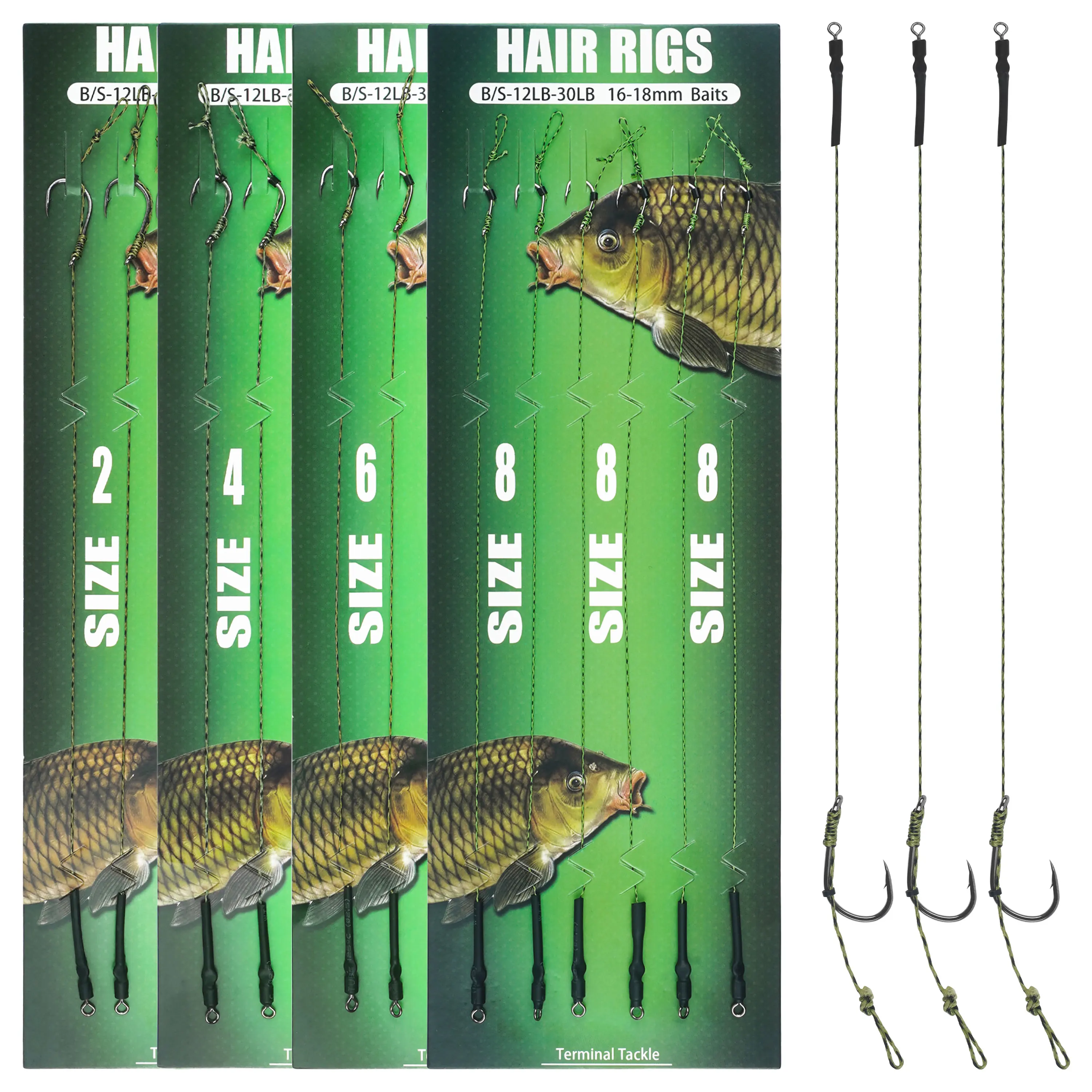 6Pcs 8340Carp Fishing Hair Rigs With Curved Barbed Carp Hook Rolling Swivels and Braid Fishing Lines for Boilies Bait Stopper