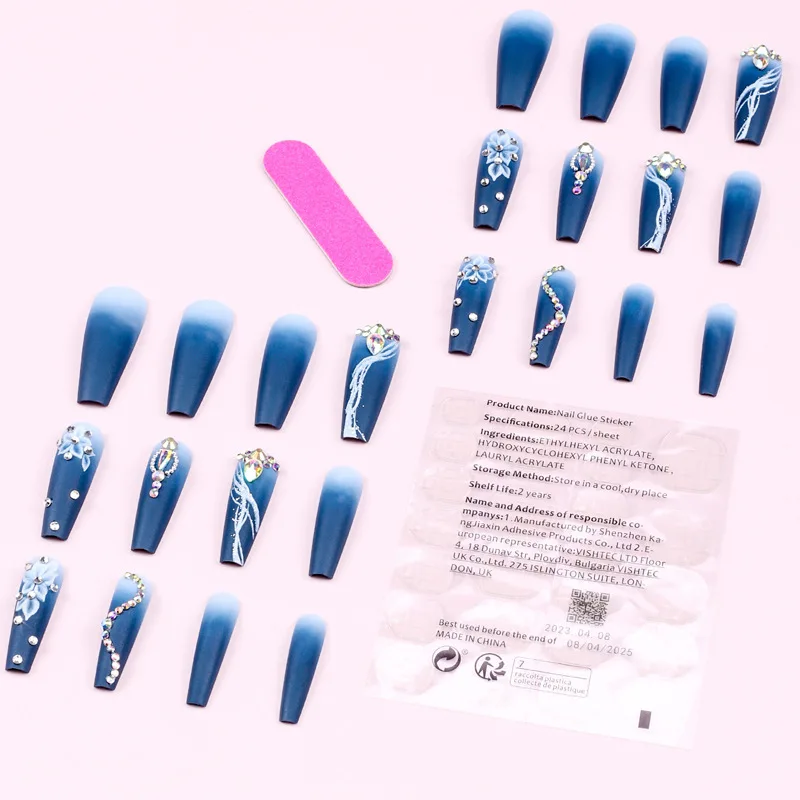 Long Press on Nails Coffin Dark Blue Gradient False Nails with White Flower Diamonds Design Glue Reusable Acrylic Fake Nails Gel