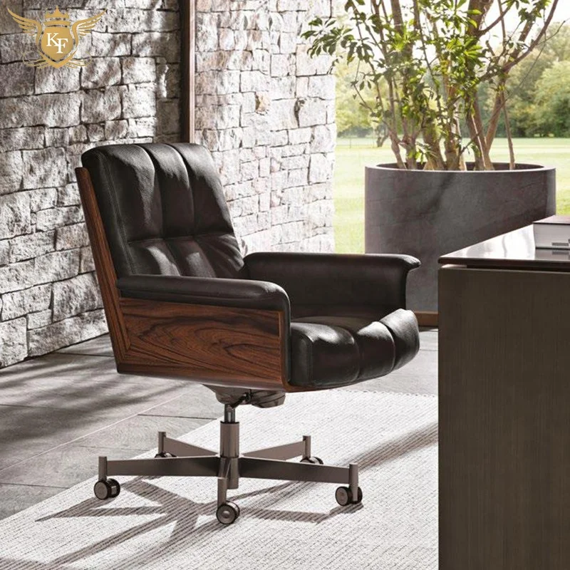 Mid back new design Italian black PU leather swivel office visitor chair home office solid wood frame working chair