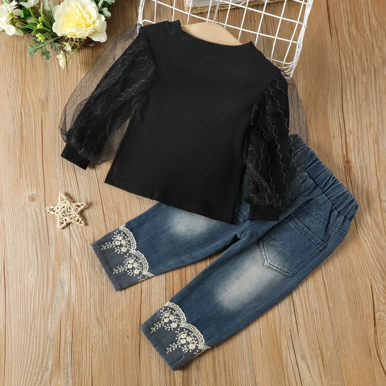 2022 New Girls Spring Autumn Long Bubble Mesh Sleeve Pure Color Knitting Blouse Printed Lace Jeans 2pcs Set Toddler Kids Wear