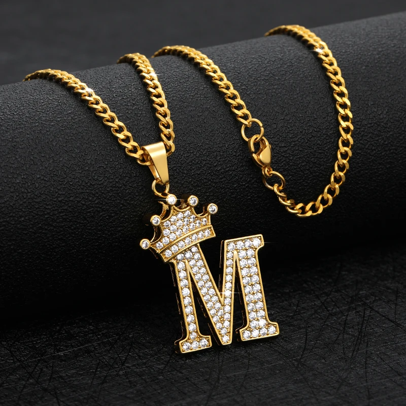 Crystal Zircon Alphabet Pendant Necklaces Crown Initial Letter Necklace Goth Chain Vintage Jewelry Stainless Steel For Women Men