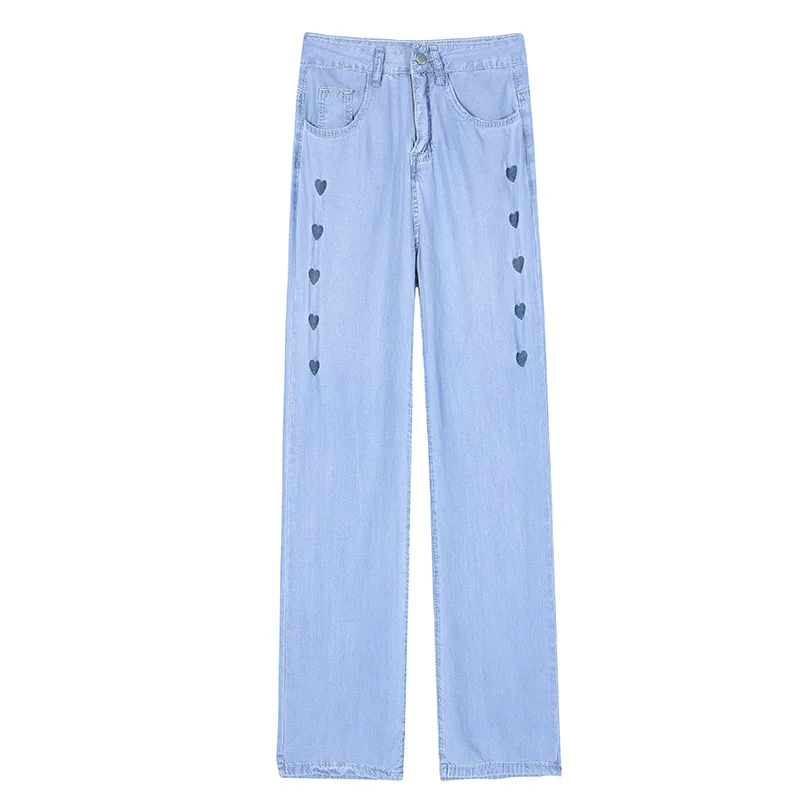Tencel jeans Chic women elastic waist thin vintage light blue wide leg summer comfort baggy denim pants