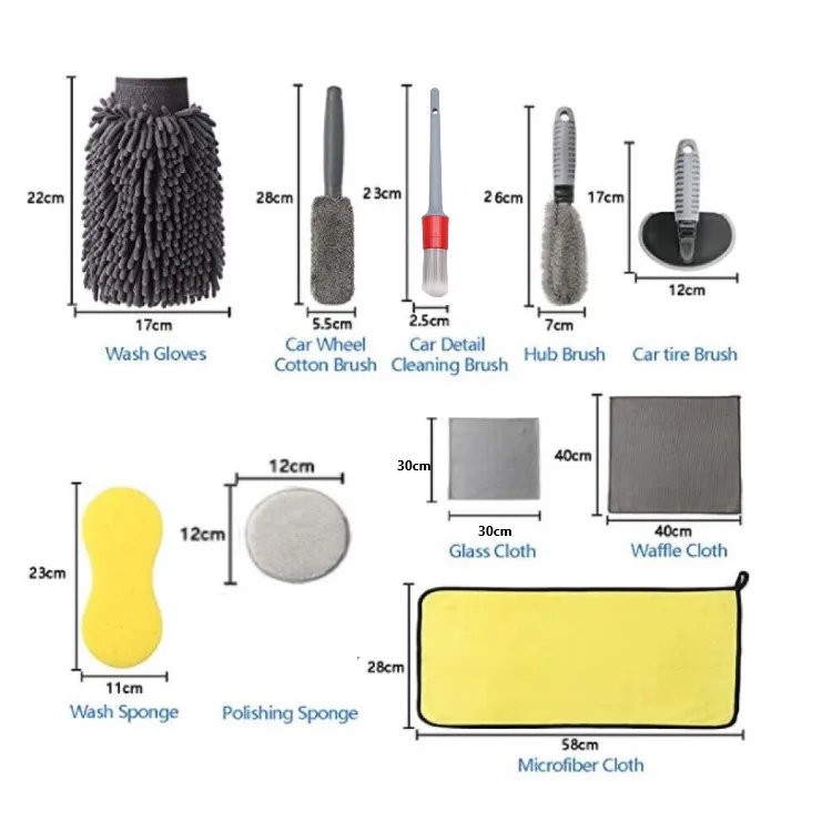 12Pcs Car Grooming Wash Glove Polishing Waxing Sponge Wheel Hub Brush Tire Brush Car Cleaning Microfiber Towel Car Detailing