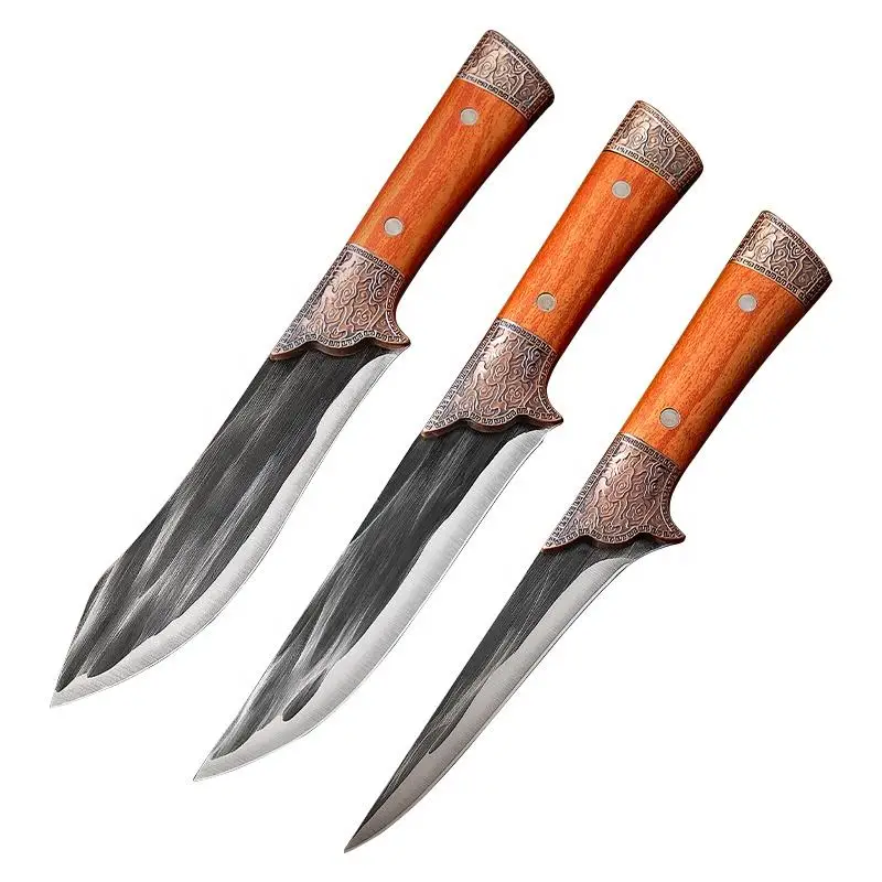 Forged Carbon Steel carving paring boning butcher cleaver kitchen knife set with wooden handle