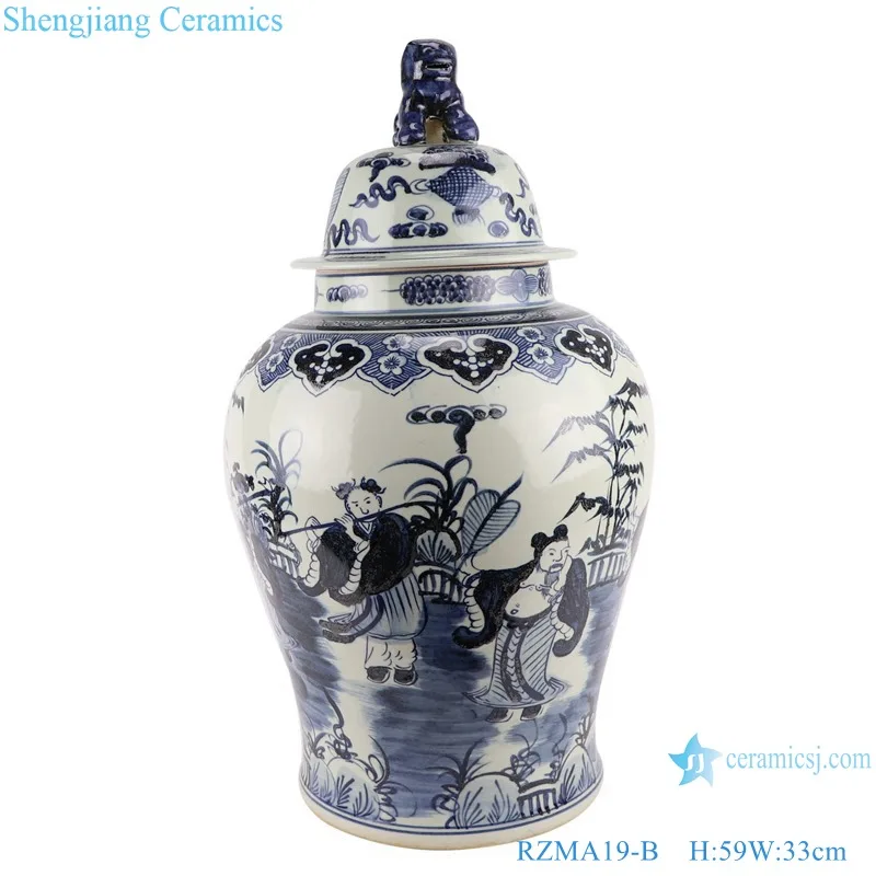 RZMA19-A-B-C-D-E-F  Antique Porcelain Fish  Grass, Dragon , Unicorn Ancestor pattern Chinese blue and white ginger jar