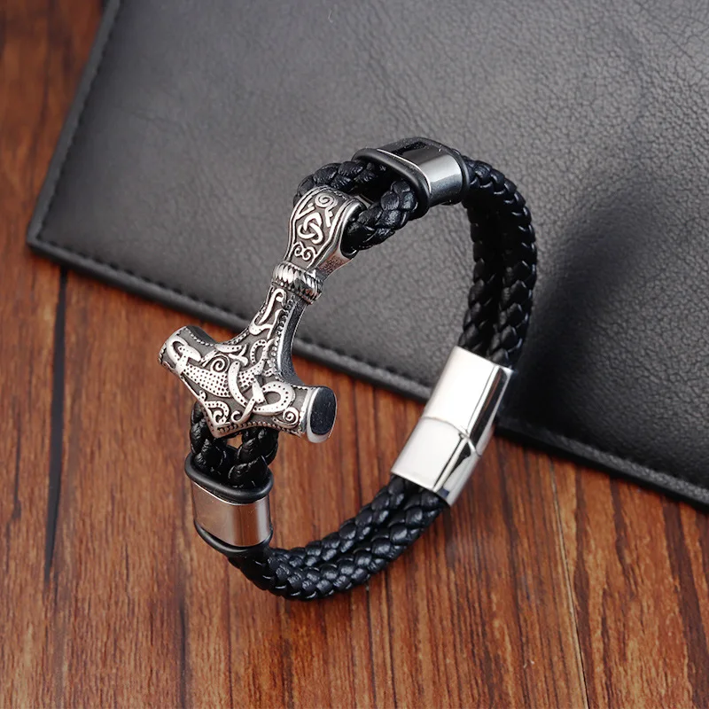 Retro Stainless Steel Cross T Magnetic Clasp Bracelet For Men Handmade Braided Double Layer Leather Bracelet Jewelry