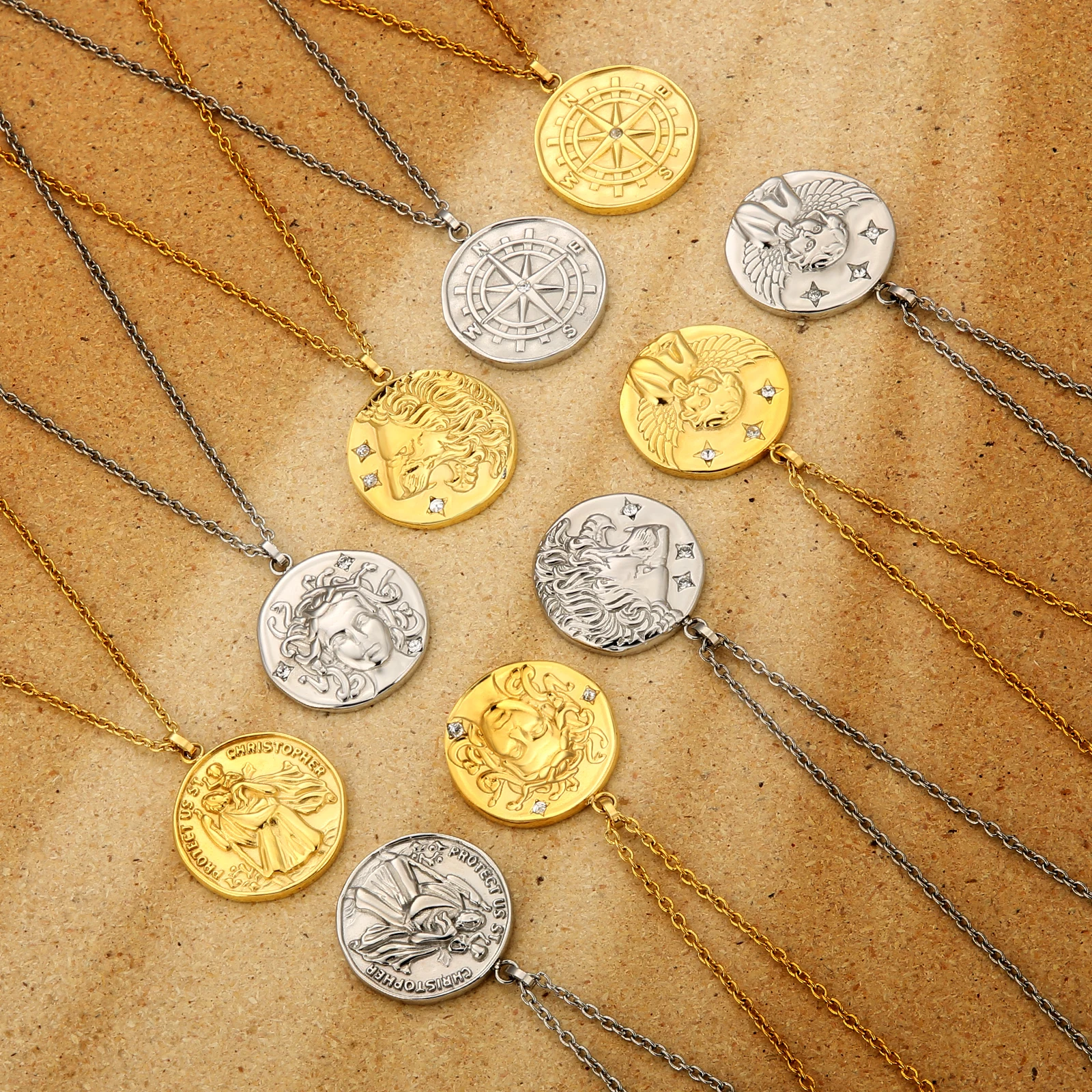 Vintage Compass Premium 316L Stainless Steel 18K Gold Plated layered Medallion Coin Pendant Men Gold Necklace for Men