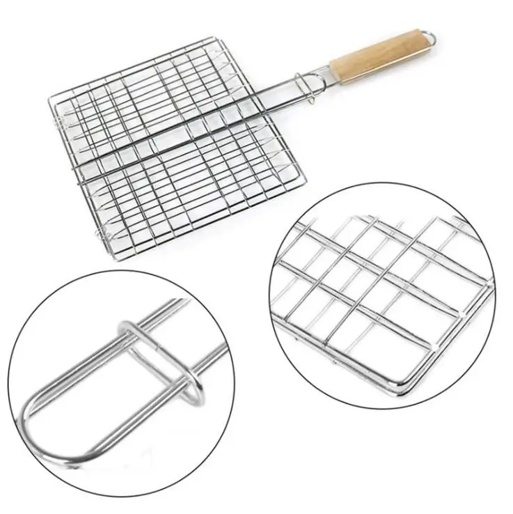
outdoor grill fish barbecue tools Stainless steel wooden handle square grill net 