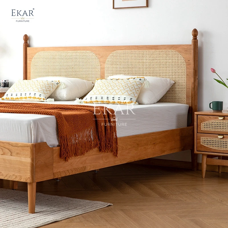 New design modern cherry wood rattan double bed