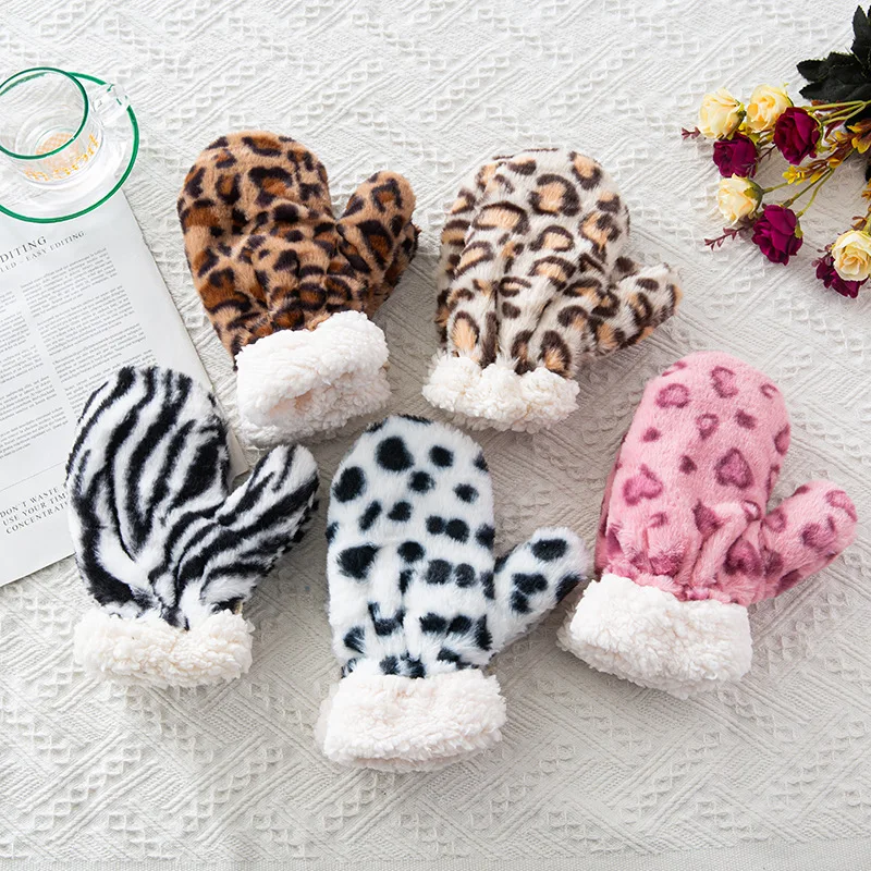 Womens Fashion Fingerless Gloves Leopard Printed Plush Fleece Glove Half Finger Mittens