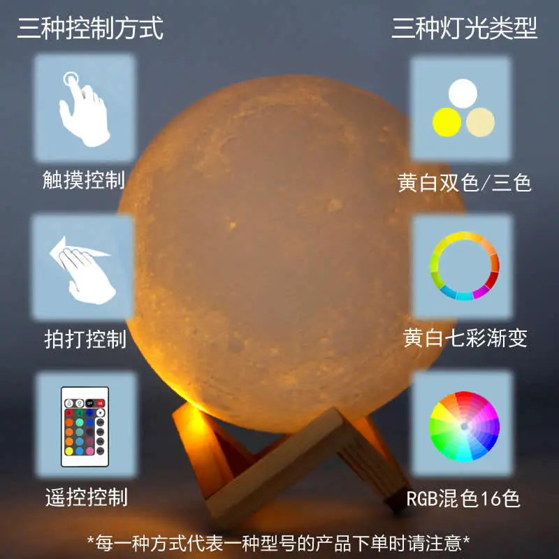 Christmas Gift 10CM Rechargeable 16 Colors Touch Change Remote 3D Printing Globe Led Moon Light LED 3D Moon Light