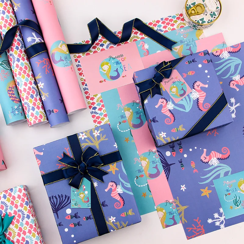 Mermaid Princess Pink Seahorse Color Shell Girl Birthday Gift Wrapper