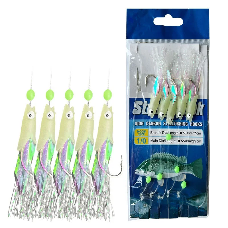Sea Water Fishing Bait Real Fish Skin Drilling Hook Luminous Fishskin Sabiki Rigs String Fishing Hook Lure Sabiki Bait