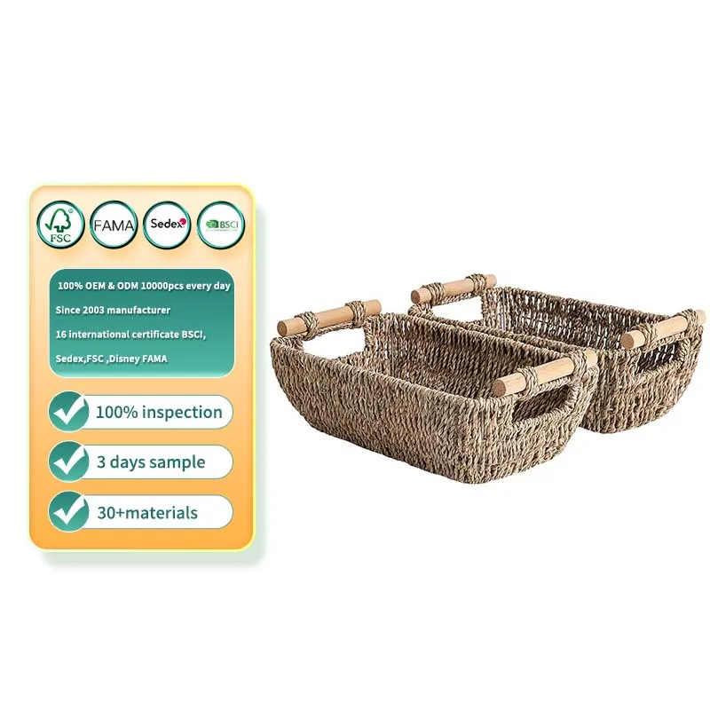 Small Wicker Baskets Handwoven Baskets for Storage Rattan Baskets with Wooden Handles 2 Pack