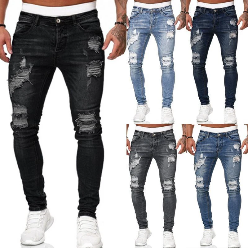 Factory Wholesale Designers Streetwear Jeans Mens Ripped Skinny Stretch Denim Pants Baggy Black Jeans