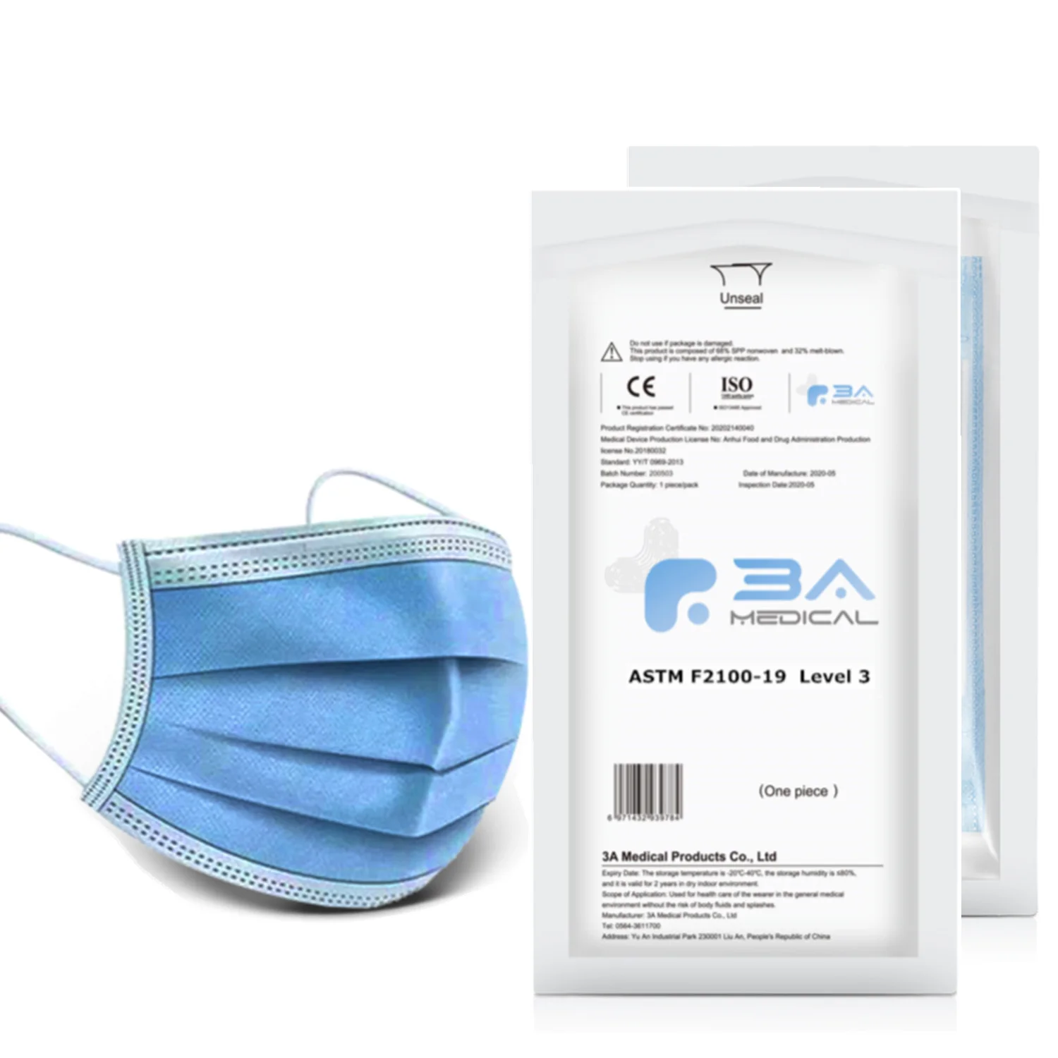 ASTM F2100 Level 3 Surgical Mask Disposable Face Mask 3 Ply Earloop Medical Facemask