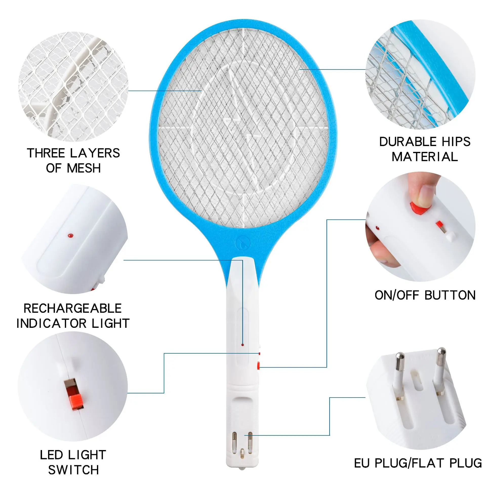 Rechargeable Electric Mosquito Swatter Bat Bug Zapper Fly Swatter Zap Mosquito Zapping Racket for Pest - 3-Layer Safety Mesh