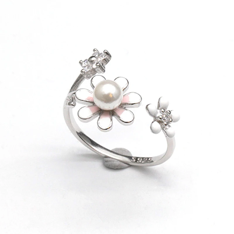 Fashion Jewelry Elegant Round Pearl flower design Ring for Girls 925 sterling silver Zircon ring for brides wedding ring
