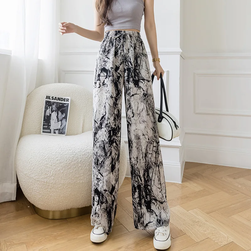 2022 Amazon Hot Selling High Waist Loose Lace-up Ink Painting Casual Pants Tie-dye Ice Silk Printed Harem Wide Leg Pants Women