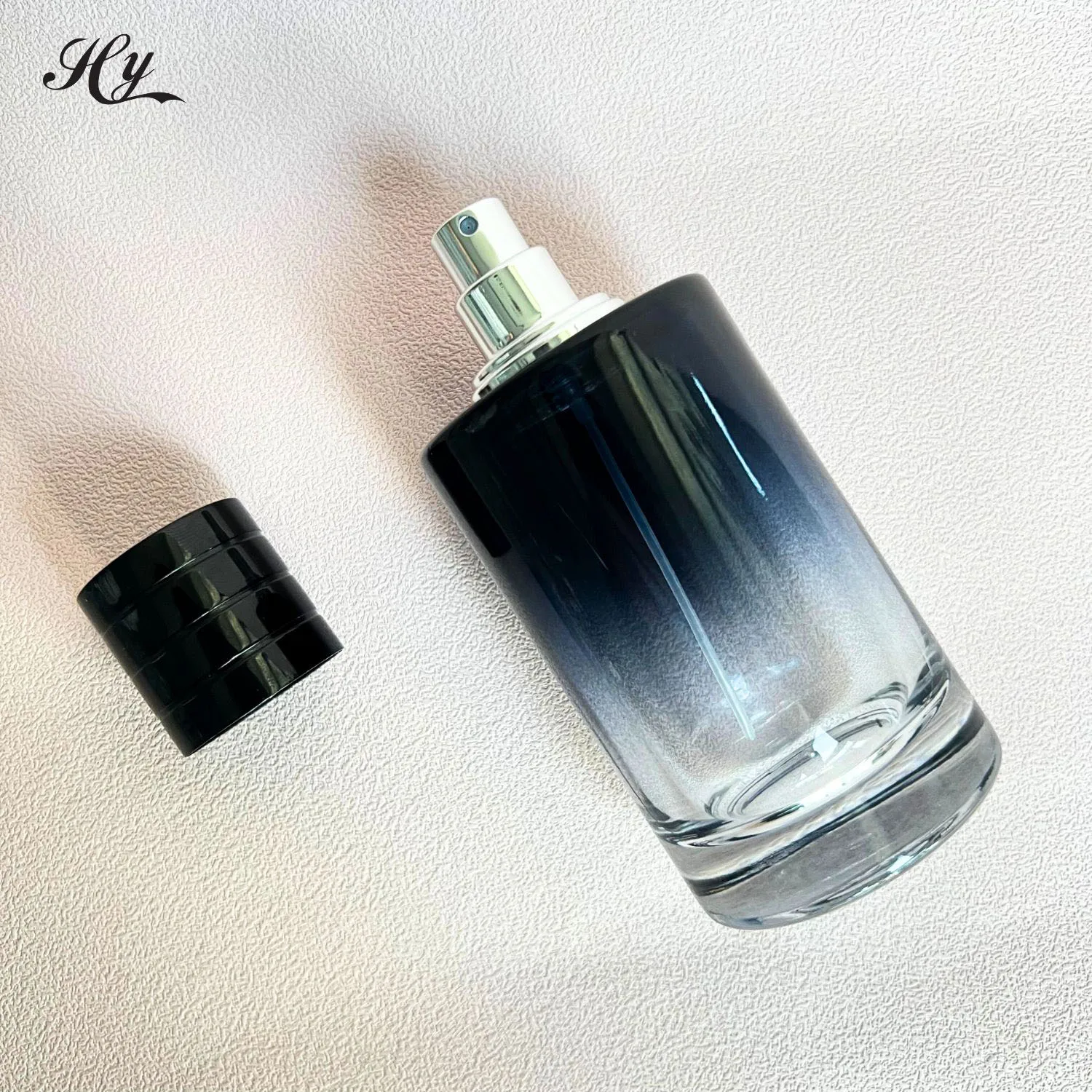 Hanya Clear Dark Blue Gradient Cylindrical Sprayer And Black Lids Empty Glass Bottle Transparent 50ml Perfume Bottle