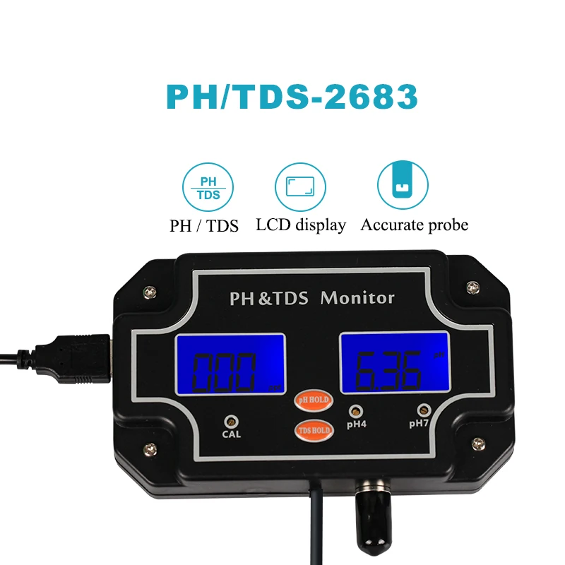
PH/TDS-2683 Waterproof Dual Display Water Quality Tester Replaceable PH Probe 2 in 1 Online PH TDS Monitor Meter 