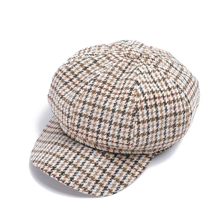 Wholesale Ladies French Style Hat Autumn Winter Fashionable Tweed Houndstooth Hat Women Wool Beret Cap Tweed Octagonal Hat