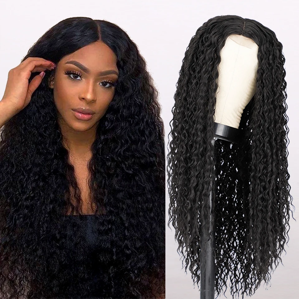 Vigorous Cheap Price Long Jerry Curl Black Heat Resistant Fiber Middle Part Natural Hairline For Black Women Synthetic Hair Wigs