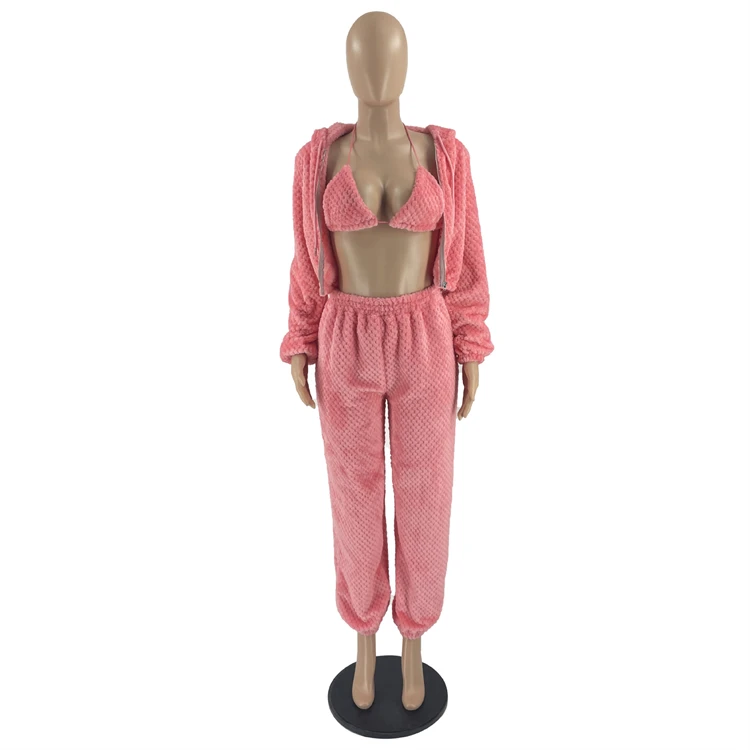 D12519 Fashion personality street trend hooded tops loose trousers winter clothes 3 piece set women sweatsuit 2021