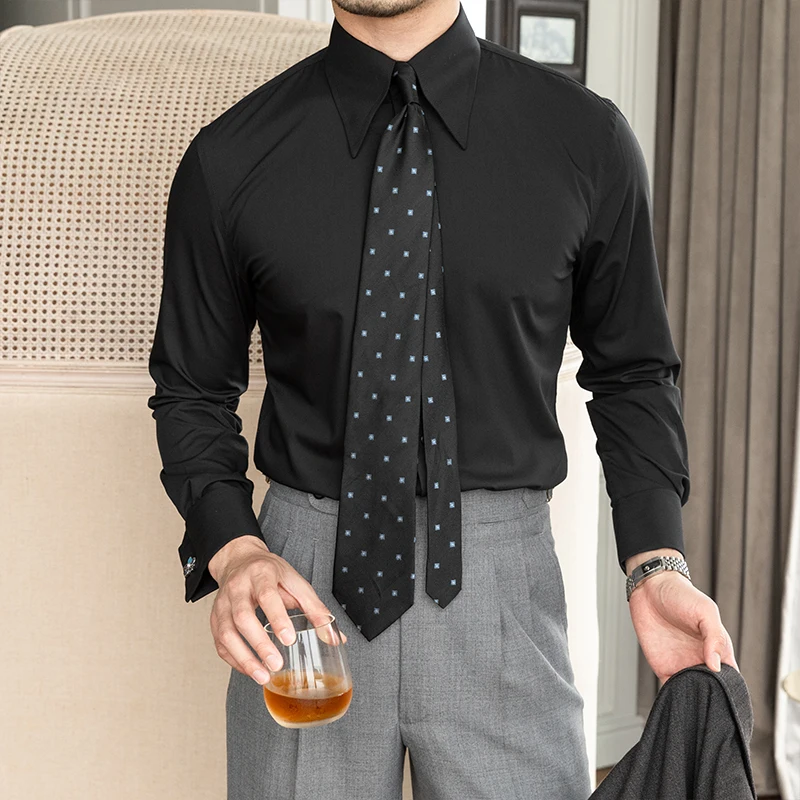 New Slim Large Pointed Collar French Cufflinks Shirt Italian Party Long Sleeve Shirt