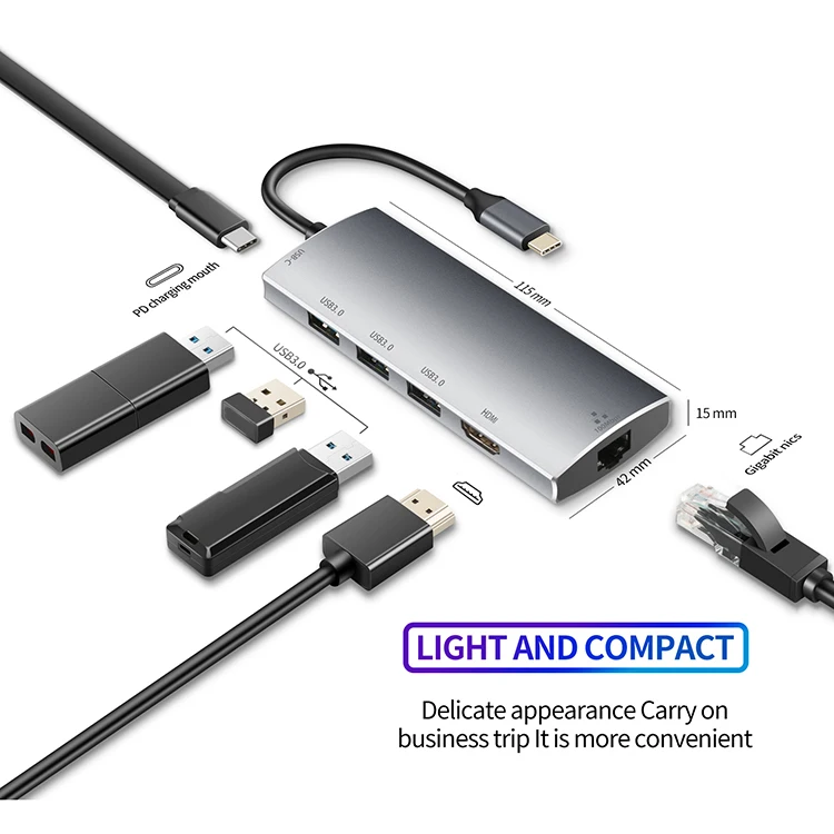 Type c adapter hub 6 in 1 aluminum 3.0 usb hubs plus RJ45 Gigabit Ethernet LAN power deliver usb docking