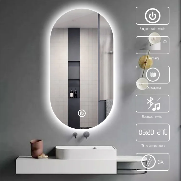 Oval Shape Defogger Smart Bathroom LED Mirror with Touch Sensor Switch