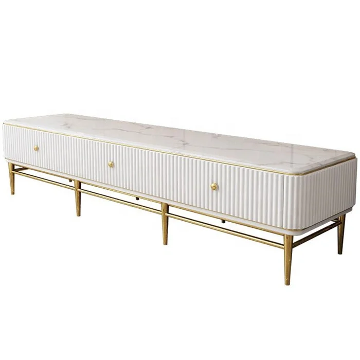 Hot selling luxury stainless steel marble top white tv stand cabinet living room furniture modern design