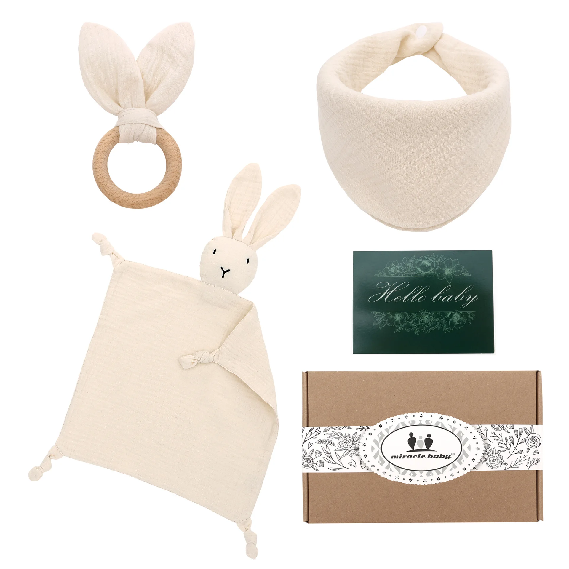 Manufacturer Muslin Triangle Bib Teething Toy Baby Soothing Towel Newborn Baby Gift Set with Card